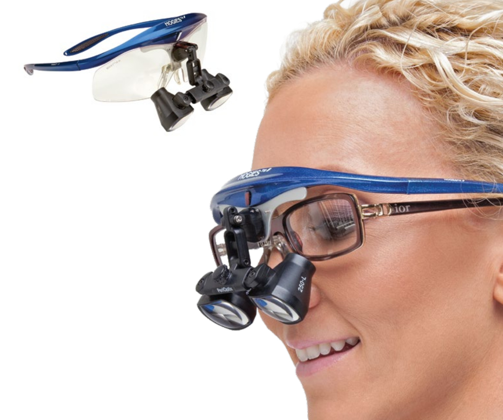 Flip-up Hogies frame worn over prescription eyewear