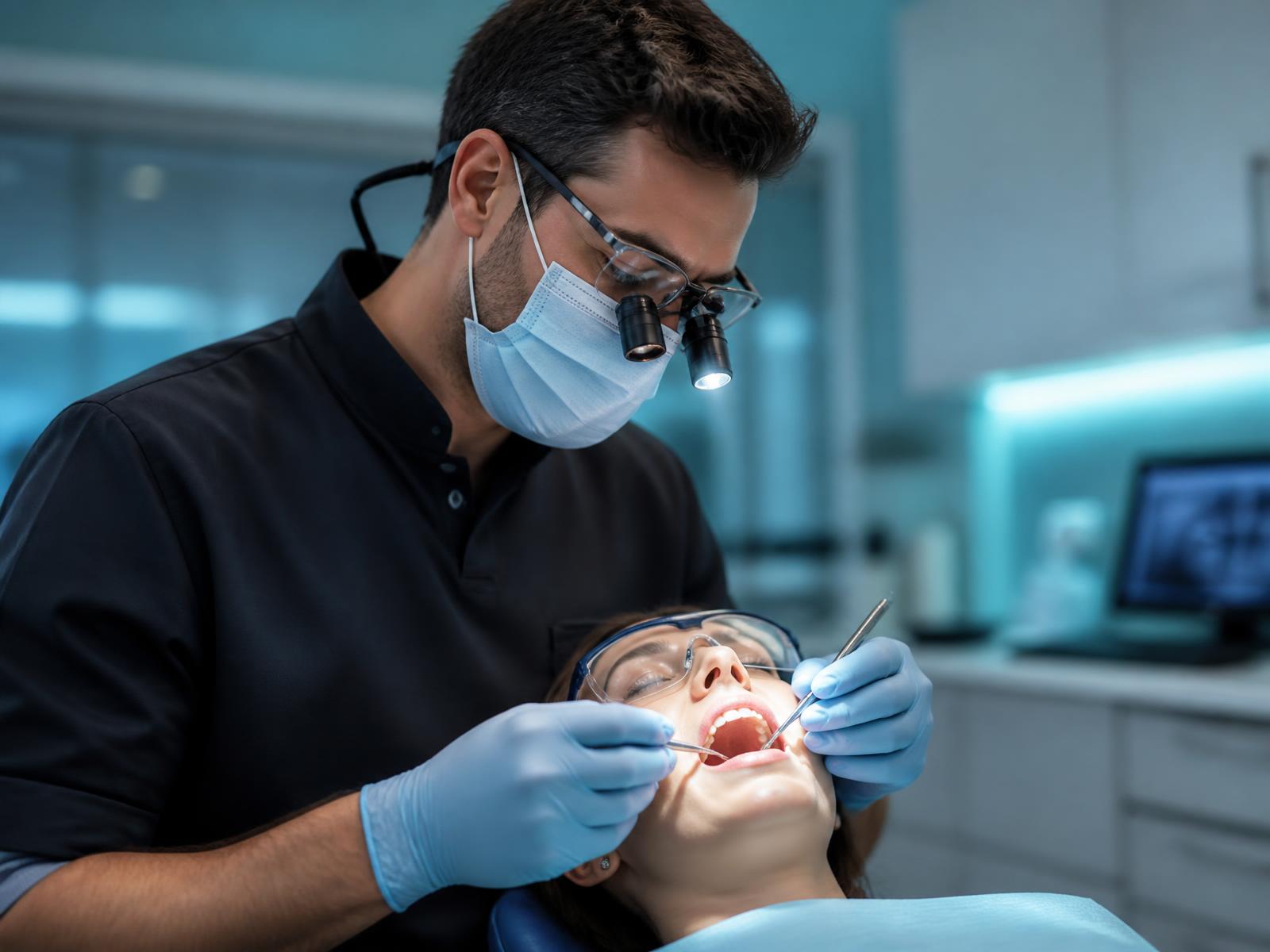 Dentist wearing PeriOptix loupes and headlight while treating a patient